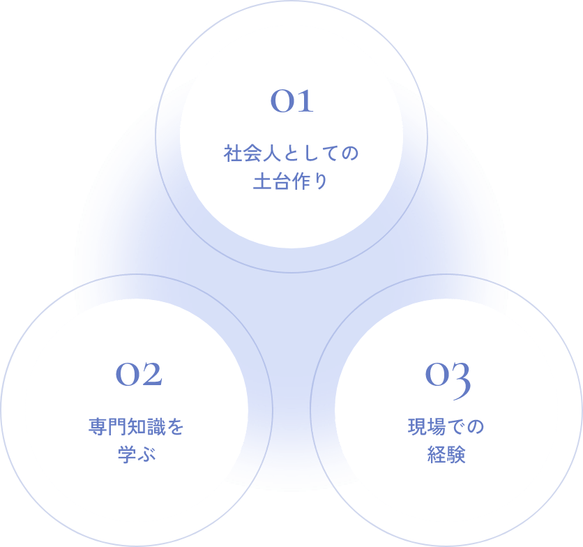 01:社会人としての土台作り 02:専門知識を学ぶ 03:現場での経験